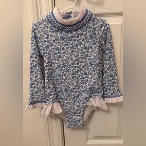 Girls Blue Floral Ruffle One-Piece Swimsuit